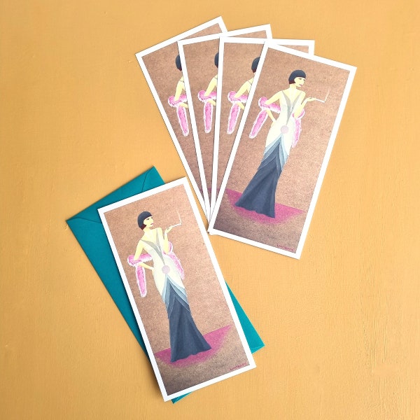 Set of 5 cards of 20's style illustration greeting card great as fashion lovers gift for her birthday wall decor Jazz age music illustration