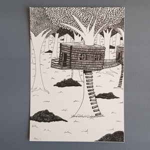 Tree house illustration, black and white A5 drawing print on paper great forest baby shower gift for toddler playground nursery room decor image 5