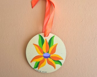 Wood ornament for Christmas tree of Flower illustration One of a kind hand painted to hang on the tree great as Christmas gift for family