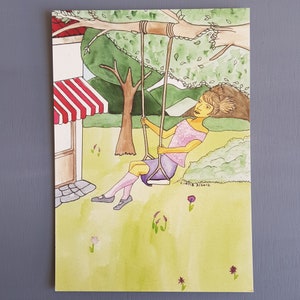 Swinging girl drawing watercolor illustration print on A5 paper great as Bat Mitzvah gift for young teenage girl for playground room decor image 5