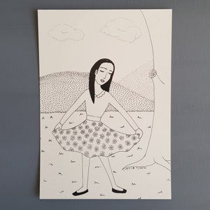 Girl with a skirt illustration print on A5 paper , black and white drawing for girls room decor as gift for baby girl nursery room new home image 5