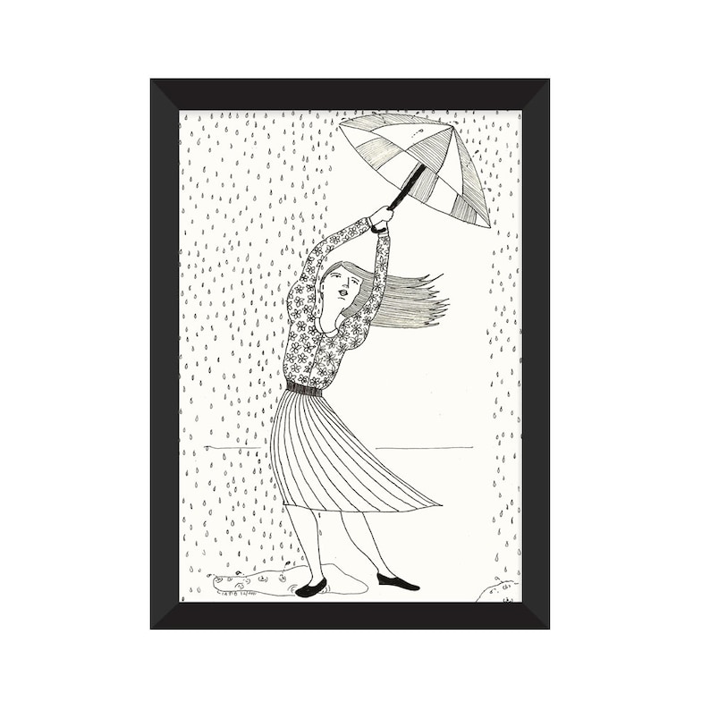 Girl with umbrella drawing black and white pen illustration print on paper great gift for her as teen bedroom decor for winter lover girls image 2