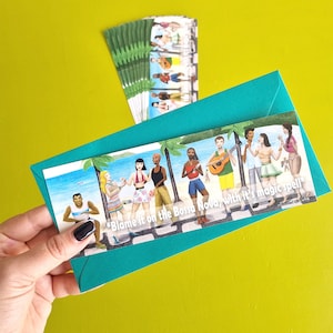 Set of 10 Bossa Nova party greeting card illustration print of Brazilian dance beach party with green envelope great for music lovers gift