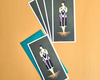 Set mit 5 Karten 20's Mode illustrierte Grußkarte ideal für Mode-Liebhaber-Geschenk für Geburtstag-Wand-Dekor-Jazz Age-Musik-Illustration