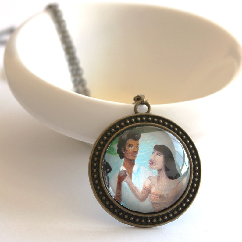 Round cabochon bronze pendant with dancing couple illustration, 28 inches long necklace great as Christmas stocking stuffer for a teen girl image 7