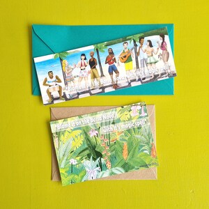 Set van 2 Bossa Nova-kaarten: 1 Braziliaanse Jungle-wenskaart, 1 Strandfeestkaart, met kleurrijke enveloppen voor cadeau voor Braziliaanse muziekliefhebbers