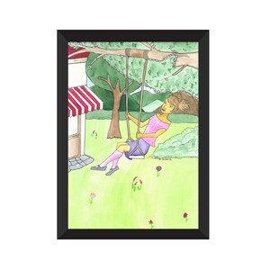 Swinging girl drawing watercolor illustration print on A5 paper great as Bat Mitzvah gift for young teenage girl for playground room decor image 2