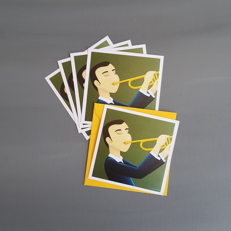 Set of 5 cards of Trumpet player illustrated greeting card great music lovers gift for birthday Jazz music illustration gift for musicians image 2