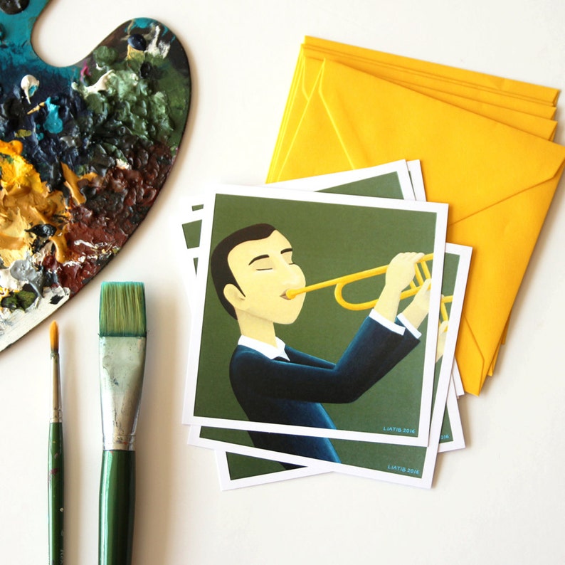 Set of 5 Cards of Trumpet Player Illustrated Greeting Card Etsy Israel