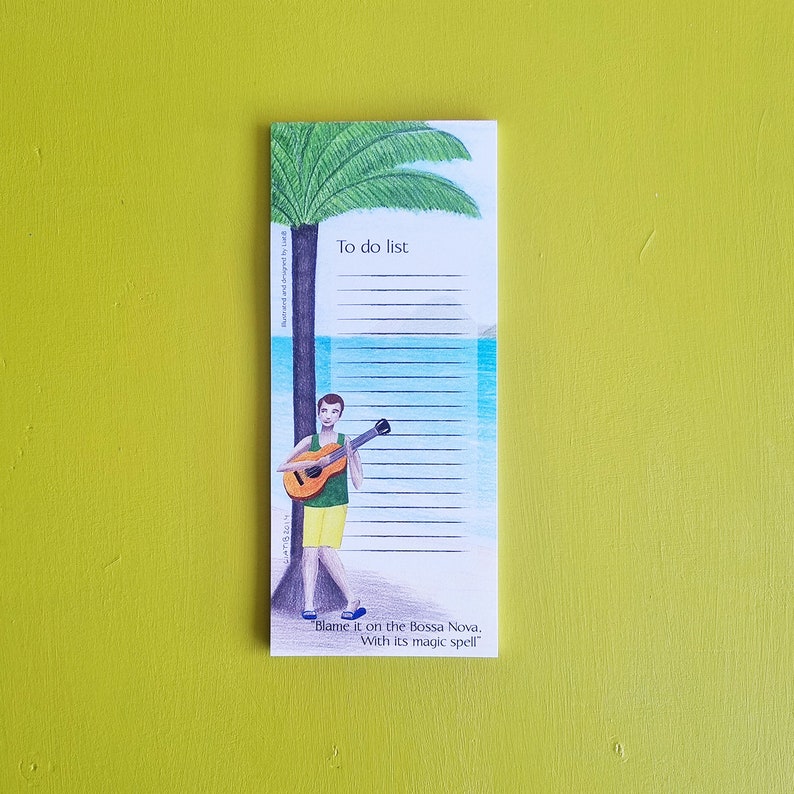 Illustrated To Do List magnet note pad of a Bossa Nova guitar player great as a music lovers gift for teachers to hang on the fridge notepad image 1