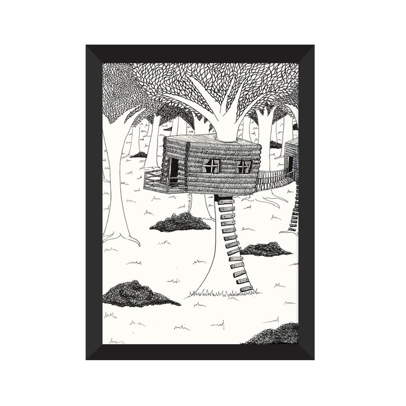 Tree house illustration, black and white A5 drawing print on paper great forest baby shower gift for toddler playground nursery room decor image 2