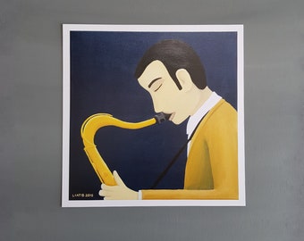 Square Poster of Jazz Saxophone player illustration print great music lovers gift for musicians Jazz art housewarming gift for music players