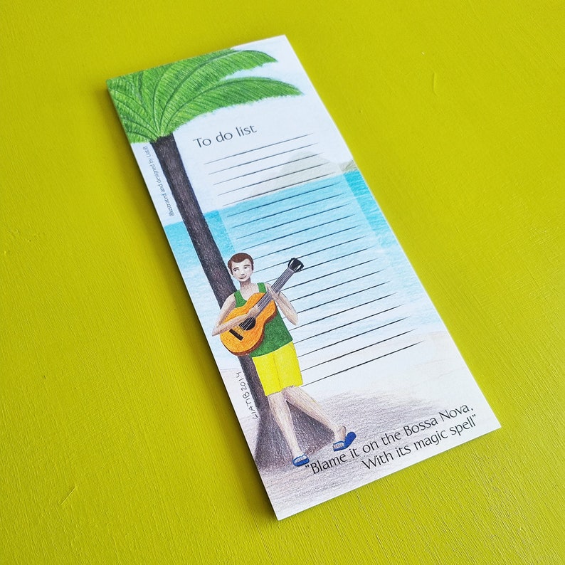 Illustrated To Do List magnet note pad of a Bossa Nova guitar player great as a music lovers gift for teachers to hang on the fridge notepad image 3