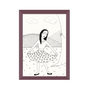 Girl with a skirt illustration print on A5 paper , black and white drawing for girls room decor as gift for baby girl nursery room new home image 2