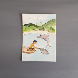 Delfini e un ragazzo illustrazione acquerello A5 disegno stampato su carta come decorazione della camera dei bambini nautici per il regalo nautico del baby shower per un ragazzo