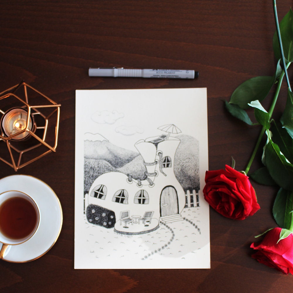 Shoe house illustration black and white A5 drawing print on Etsy