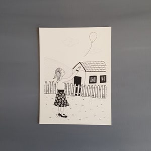 Girl with balloon illustration drawing on A5 paper , black and white Giclee print as gift for girls toddler room decor as a baby shower gift