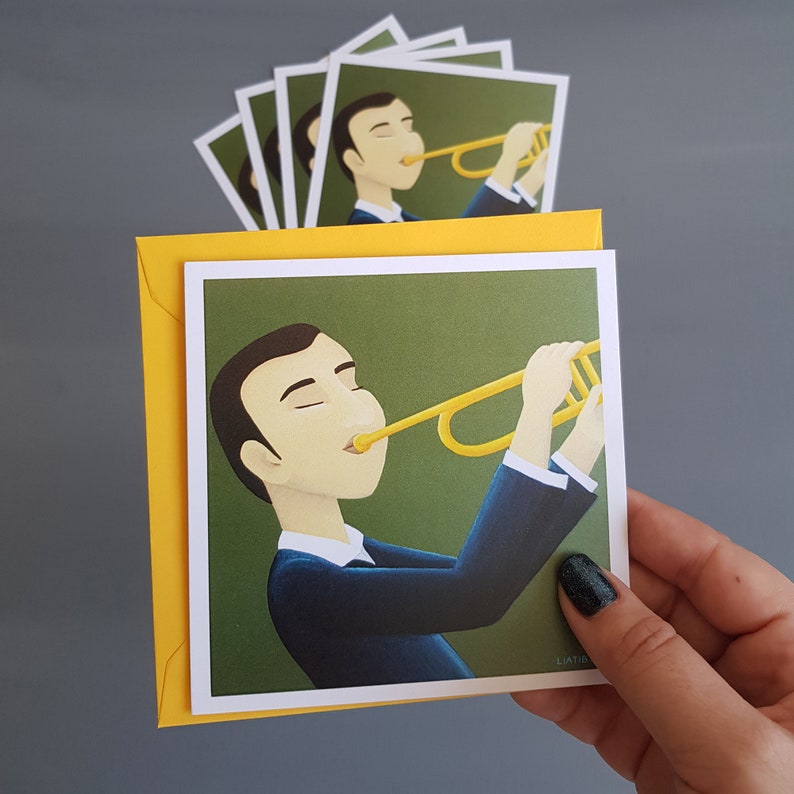 Set of 5 Cards of Trumpet Player Illustrated Greeting Card Etsy Israel