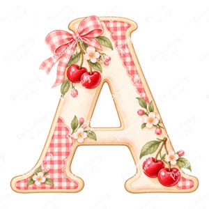 May include: A decorative letter A featuring a cream-coloured base with red and white gingham trim. The letter is adorned with illustrations of bright red cherries, green leaves, small white blossoms, and a large pink and white gingham bow.