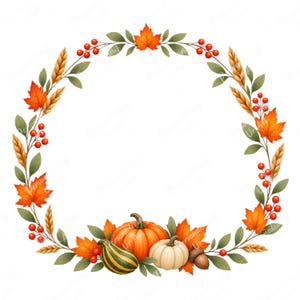 Puede incluir: Una ilustración de corona otoñal circular con hojas de arce naranjas, tallos de trigo dorados, bayas rojas y follaje verde. En la base, un grupo de calabazas, incluyendo una naranja, una rayada verde y amarilla, y una blanca, junto a una bellota.