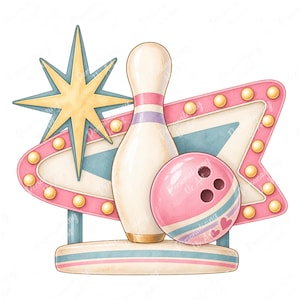 Pode incluir: Um pino de boliche e uma bola de boliche rosa com três furos para os dedos e detalhes de corações, posicionados em frente a uma placa de seta rosa estilo retrô com lâmpadas amarelas e uma grande estrela amarela, sobre uma base circular.