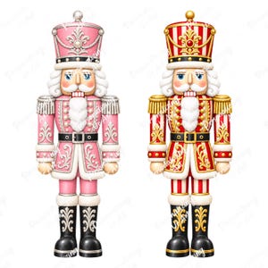 Op de afbeelding: Twee notenkrakerfiguren naast elkaar. De linkerfiguur is roze en wit met zilveren accenten. De rechterfiguur is rood en wit met gouden accenten. Beide hebben wit haar, een baard, hoge hoeden en zwarte laarzen met gouden details.