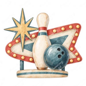 Pode incluir: Um pino de boliche e uma bola de boliche azul-escura sobre uma base em frente a uma placa vermelha e branca em forma de seta com luzes amarelas e uma grande estrela dourada. A ilustração apresenta uma estética retrô com textura desgastada.