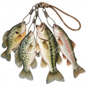 May include: A stringer of four fish hanging from a brown rope loop with metal clips. The catch includes two speckled crappie, one largemouth bass, and one rainbow trout, each featuring detailed scales, fins, and open mouths attached to the metal hardware.