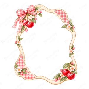 May include: An ornate, scalloped frame featuring a light cream border with pink and white gingham accents. The design is decorated with clusters of bright red cherries, green leaves, and small white blossoms, topped with a large gingham bow.
