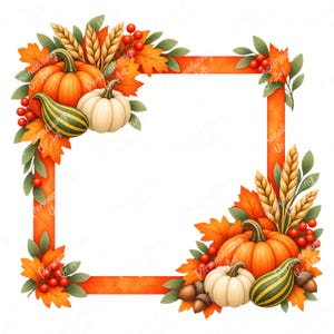Op de afbeelding: Een vierkant oranje frame versierd met herfstelementen, waaronder oranje en witte pompoenen, gestreepte kalebassen, gouden tarwestengels, rode bessen, bruine eikels en oranje esdoornbladeren. De tekst Personalizing Ur Art is zichtbaar.