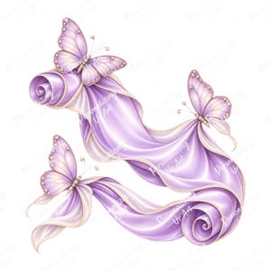 May include: Three light purple butterflies with pearl-like accents on their wings are positioned along two flowing, curled ribbons of matching lavender fabric. The fabric features soft folds and a delicate, light-colored trim along the edges.