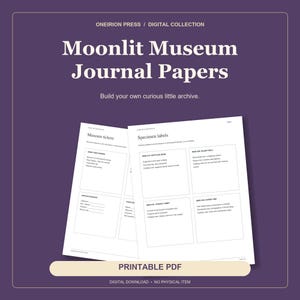 Könnte beinhalten: Zwei weiße Papierbögen mit schwarzem Text und Rasterlayouts mit dem Titel Moonlit Museum Journal Papers. Die Seiten enthalten Abschnitte mit der Bezeichnung Museum tickets und Specimen labels mit spezifischen Einträgen wie BOTTLED DUSK.
