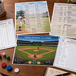 Op de afbeelding: Een Nine Inning Classic honkbalbordspelset met een stadion-spelbord, spelersbeoordelingskaarten voor de teams uit Boston en New York van 1986, een werptabel, een regelblad, drie zeszijdige dobbelstenen, vier gekleurde fiches en een koffiemok.