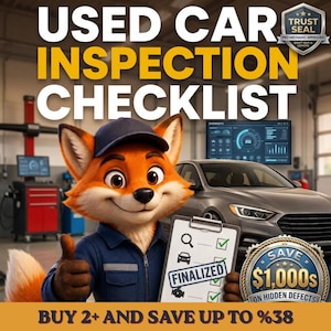 Könnte beinhalten: Ein Cartoon-Fuchs-Mechaniker in blauer Uniform hält ein Klemmbrett mit einer Checkliste und einem Stempel. Der Text lautet USED CAR INSPECTION CHECKLIST, TRUST SEAL und SAVE $1,000s ON HIDDEN DEFECTS. Ein graues Auto ist im Hintergrund zu sehen.