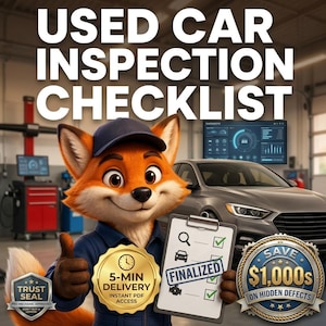 May include: A cartoon fox mechanic in a blue uniform holding a clipboard with a USED CAR INSPECTION CHECKLIST. The clipboard shows a finalised list with green checkmarks. Includes gold badges stating 5-MIN DELIVERY and SAVE $1,000s ON HIDDEN DEFECTS.