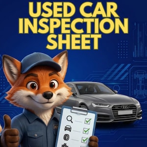 May include: A digital graphic featuring a cartoon fox in a blue uniform holding a clipboard with a checklist. The text reads SMART BUYER'S GUIDE: USED CAR INSPECTION SHEET. A gray sedan is visible in the background with a blue tech-themed backdrop.