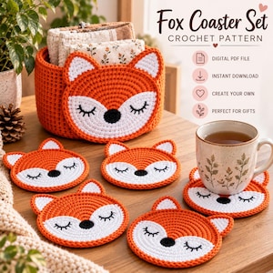 Könnte beinhalten: Eine Häkelanleitung für ein Fuchs-Untersetzer-Set, bestehend aus einem runden orange-weißen Korb und vier passenden fuchsförmigen Untersetzern. Der Text lautet Fox Coaster Set, Crochet Pattern, Digital PDF File, Instant Download, Create Your Own.