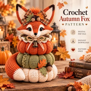 Può includere: Una figura di volpe all'uncinetto sopra una pila di tre zucche arancioni, verdi e color crema. La volpe ha un fiocco a quadri, ghiande e un campanellino. Testo: Crochet Autumn Fox PATTERN, DIGITAL PDF FILE, INSTANT DOWNLOAD, PATTERN ONLY.