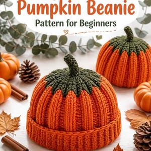 May include: A crochet beanie designed to look like a pumpkin, featuring a ribbed orange body and a dark green top section. The text Simple Crochet Pumpkin Beanie Pattern for Beginners is displayed above the beanie, surrounded by autumn decor.