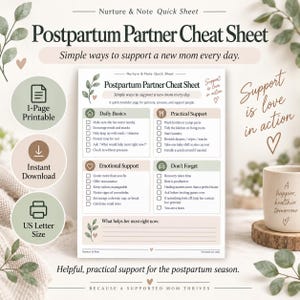 Może przedstawiać: Dokument do druku Postpartum Partner Cheat Sheet z sekcjami dotyczącymi codziennych podstaw, praktycznego wsparcia, wsparcia emocjonalnego i przypomnień. Strona zawiera pola wyboru, ilustracje liści oraz tekst: Support is love in action.