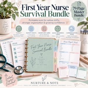 May include: A First Year Nurse Survival Bundle featuring a 79-page master bundle of printable tools, including a shift planner, SBAR communication guide, report sheets, workflow cards, and quick reference cards, alongside a stethoscope and pen.