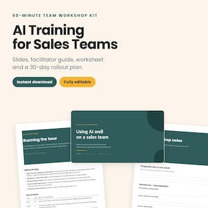 Op de afbeelding: Een 60-minuten teamworkshop-kit voor AI-training voor verkoopteams, inclusief dia's, een handleiding voor de facilitator, een werkblad en een uitrolplan van 30 dagen met donkergroene koppen en een witte achtergrond met zwarte tekst.