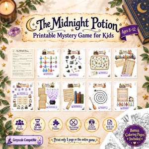 Może przedstawiać: Gra tajemnic do druku pod tytułem The Midnight Potion dla dzieci w wieku 8-12 lat, zawierająca dziewięć arkuszy z zagadkami, grafikami mikstur, kociołków i ksiąg. Zawiera ikony dla 1-3 graczy, 30-60 minut, 10 zagadek oraz format A4.