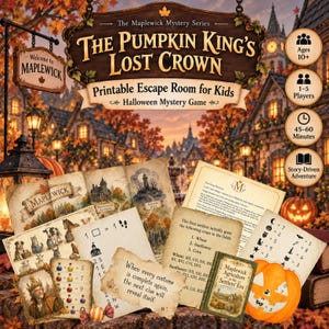 Könnte beinhalten: Ein druckbares Escape-Room-Spiel mit dem Titel The Pumpkin King's Lost Crown, bestehend aus Hinweiskarten im Pergament-Stil, einer Karte von Maplewick, einem kleinen Buch namens Maplewick Agriculture und einem Kürbis-Ausschnitt aus Papier.