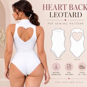 Puede incluir: Un leotardo blanco con cuello alto y una abertura en forma de corazón en la espalda. La imagen incluye el texto HEART BACK LEOTARD, PDF SEWING PATTERN, INSTANT DOWNLOAD, PDF PATTERN y SIZES XS - XXL, junto a un dibujo técnico lineal.