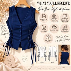 May include: A navy blue sleeveless waistcoat with a V-neckline, four front buttons, and side lace-up details with long ties. The image includes text detailing a digital sewing pattern, including PDF files, instructions, and sizes XS-2XL.
