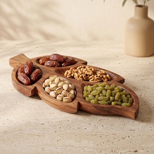 Houten serveerschaal, bladvormige schaal voor gedroogd fruit, handgemaakte schaal voor noten, snackschaal met 5 vakken, rustieke tafeldecoratie, keukencadeau