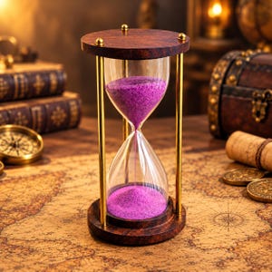 Könnte beinhalten: Eine Sanduhr mit dunkelbraunem Holzmaserungsfinish an den runden oberen und unteren Sockeln, verbunden durch vier schlanke, goldfarbene Metallsäulen. Der klare Glaskolben enthält leuchtend violetten Sand, der teilweise nach unten rieselt.