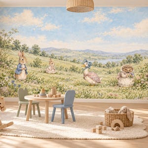 May include: A wall mural featuring a pastoral landscape with a blue sky, rolling green hills, and anthropomorphic animals including a rabbit in a blue jacket, a duck in a bonnet, a hedgehog, and a squirrel in a grassy meadow.