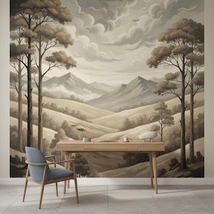 May include: A light blue upholstered chair with wooden legs sits before a rectangular wooden desk. Behind the desk, a wall mural depicts a sepia-toned landscape featuring rolling hills, tall trees, and distant mountains under a cloudy sky.